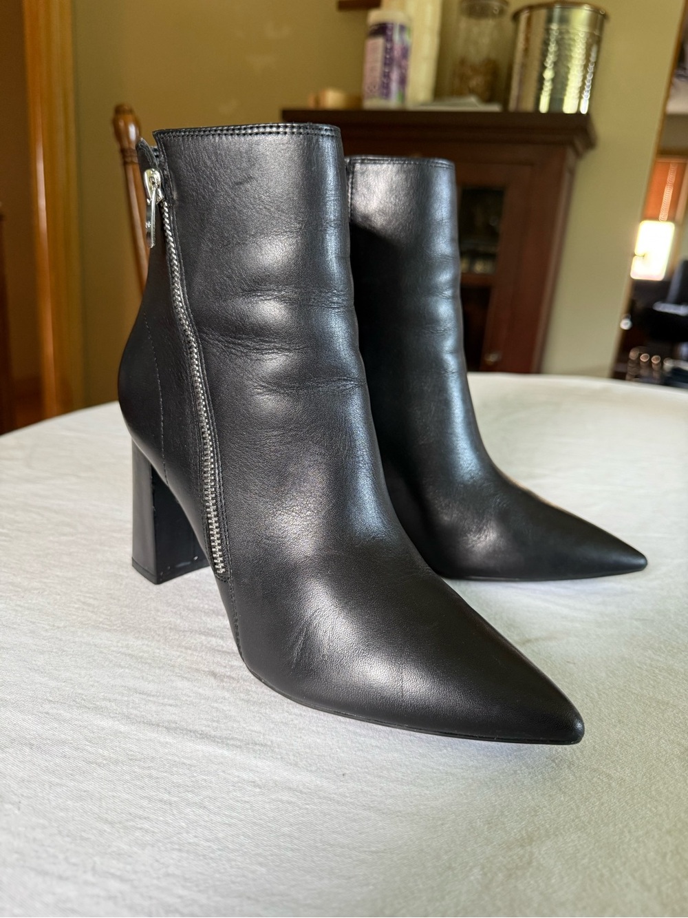 Marc Fisher Black Leather Pointed Toe Ankle Booties with Side Zip